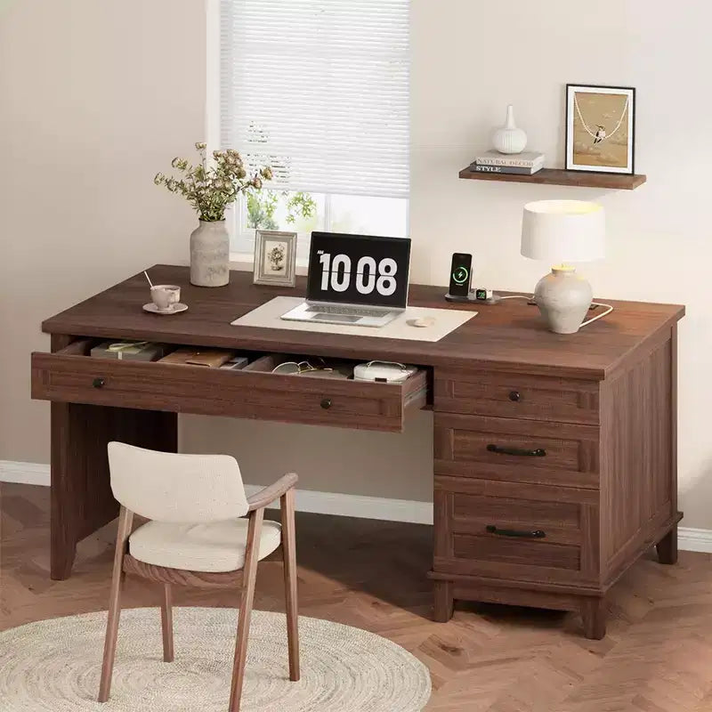 Rustic Wood Double Desk with 4 File Drawers, 2-Person Writing Table with Spacious Dual Workstation for Home Office
