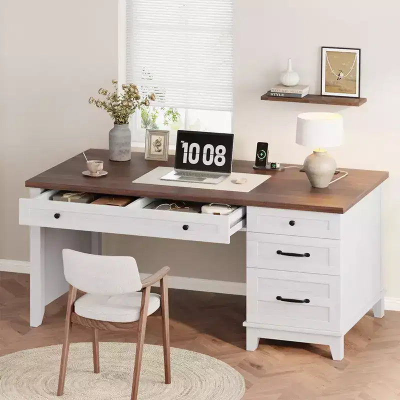 Rustic Wood Double Desk with 4 File Drawers, 2-Person Writing Table with Spacious Dual Workstation for Home Office