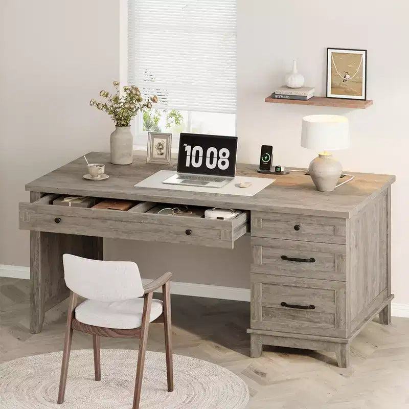 Rustic Wood Double Desk with 4 File Drawers, 2-Person Writing Table with Spacious Dual Workstation for Home Office