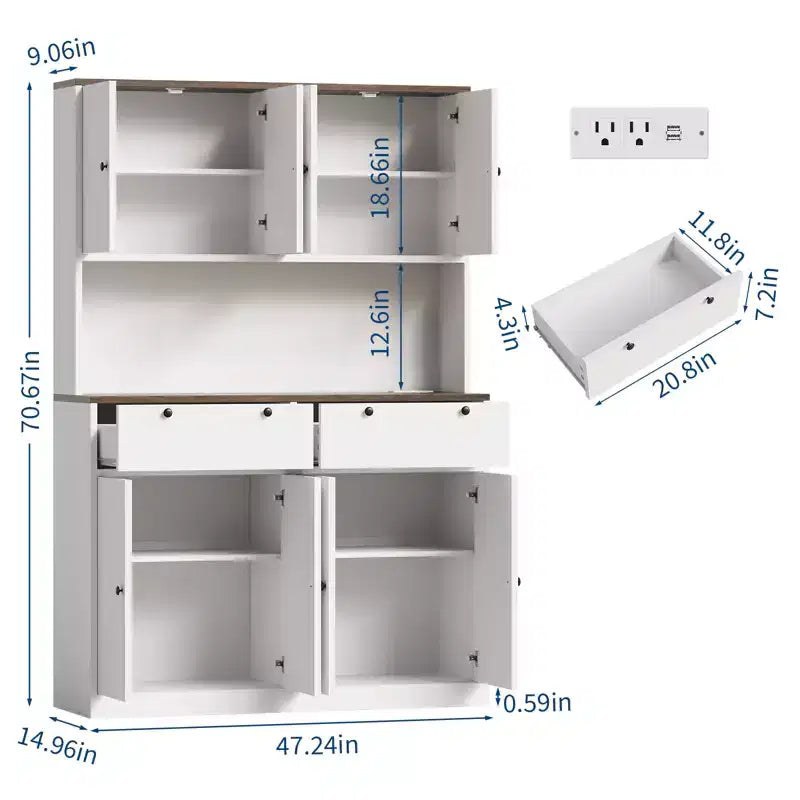 Mobile credenza da cucina alto 71" con stazione di ricarica, dispensa da cucina larga 47" con supporto per microonde, mobile dispensa per sala da pranzo