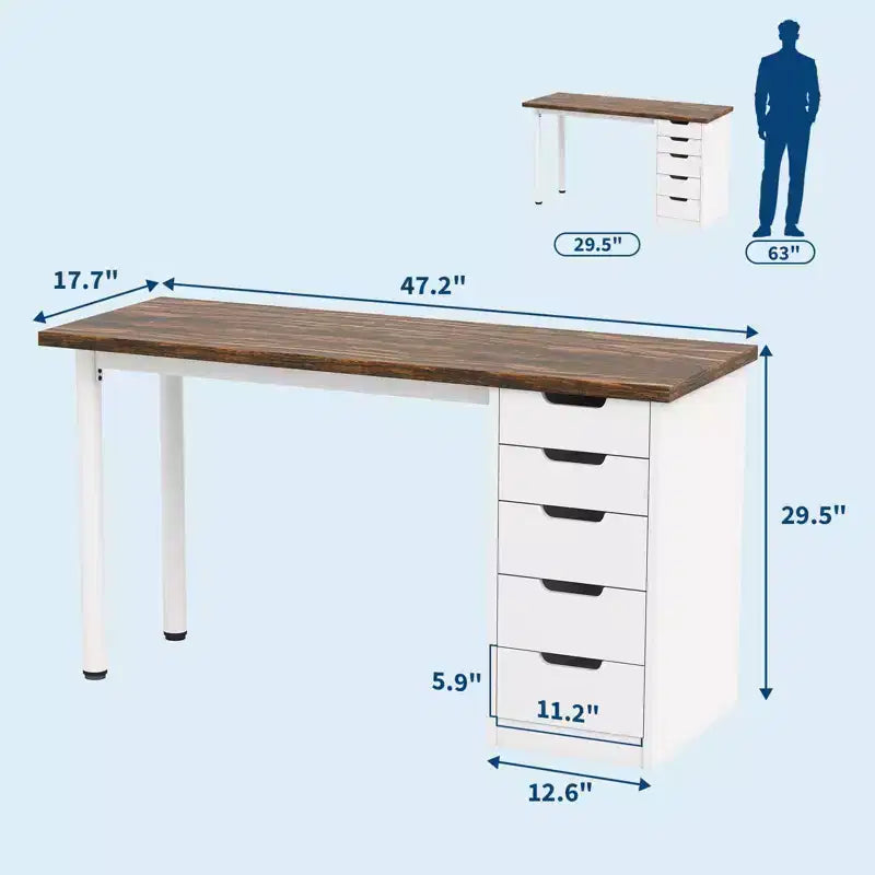 Scrivania per Computer da 119 cm con 5 Cassetti, Scrivania da Ufficio in Legno con Spazio di Archiviazione, Tavolo Moderno per Laptop per Piccoli Spazi, Ufficio, Camera da Letto