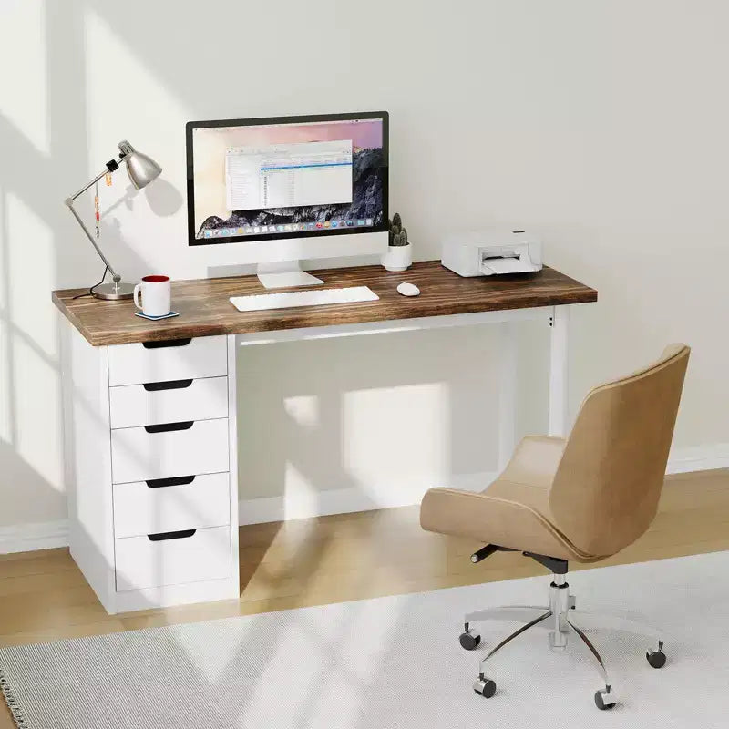 Scrivania per Computer da 119 cm con 5 Cassetti, Scrivania da Ufficio in Legno con Spazio di Archiviazione, Tavolo Moderno per Laptop per Piccoli Spazi, Ufficio, Camera da Letto