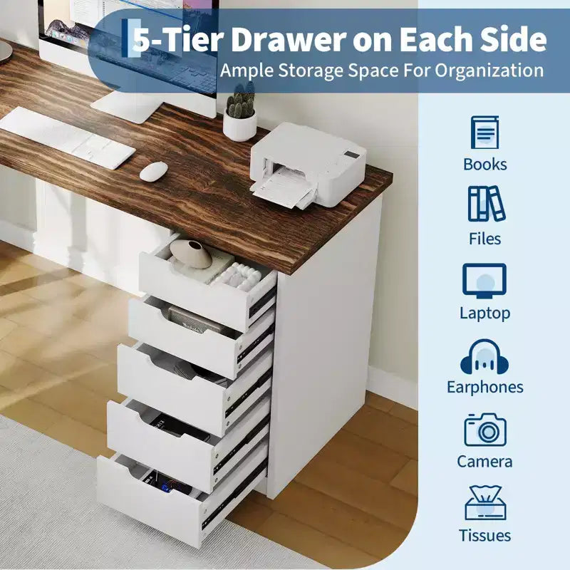 Scrivania per Computer da 119 cm con 5 Cassetti, Scrivania da Ufficio in Legno con Spazio di Archiviazione, Tavolo Moderno per Laptop per Piccoli Spazi, Ufficio, Camera da Letto