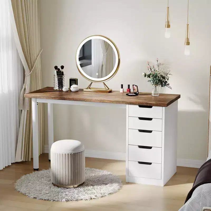 Scrivania per Computer da 119 cm con 5 Cassetti, Scrivania da Ufficio in Legno con Spazio di Archiviazione, Tavolo Moderno per Laptop per Piccoli Spazi, Ufficio, Camera da Letto