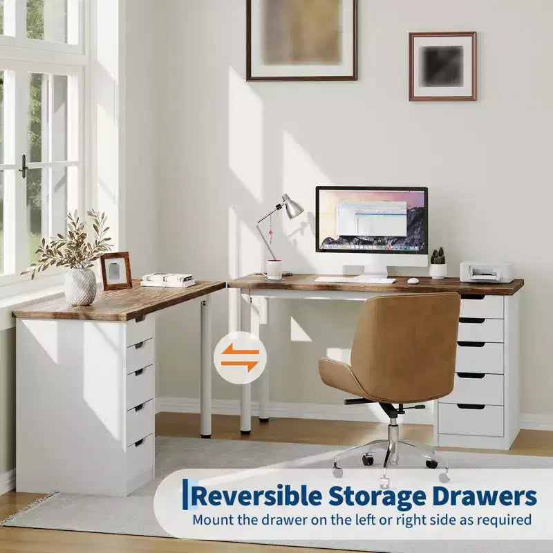Scrivania per Computer da 119 cm con 5 Cassetti, Scrivania da Ufficio in Legno con Spazio di Archiviazione, Tavolo Moderno per Laptop per Piccoli Spazi, Ufficio, Camera da Letto