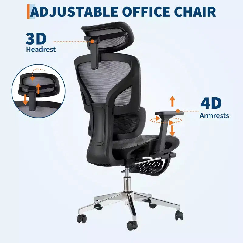 Sedia da Ufficio Ergonomica con Rete Traspirante di 3a Generazione - Braccioli Regolabili 4D, Supporto Lombare e Poggiapiedi, Sedia da Scrivania con Schienale Alto per Ufficio Domestico (1 Pezzo)